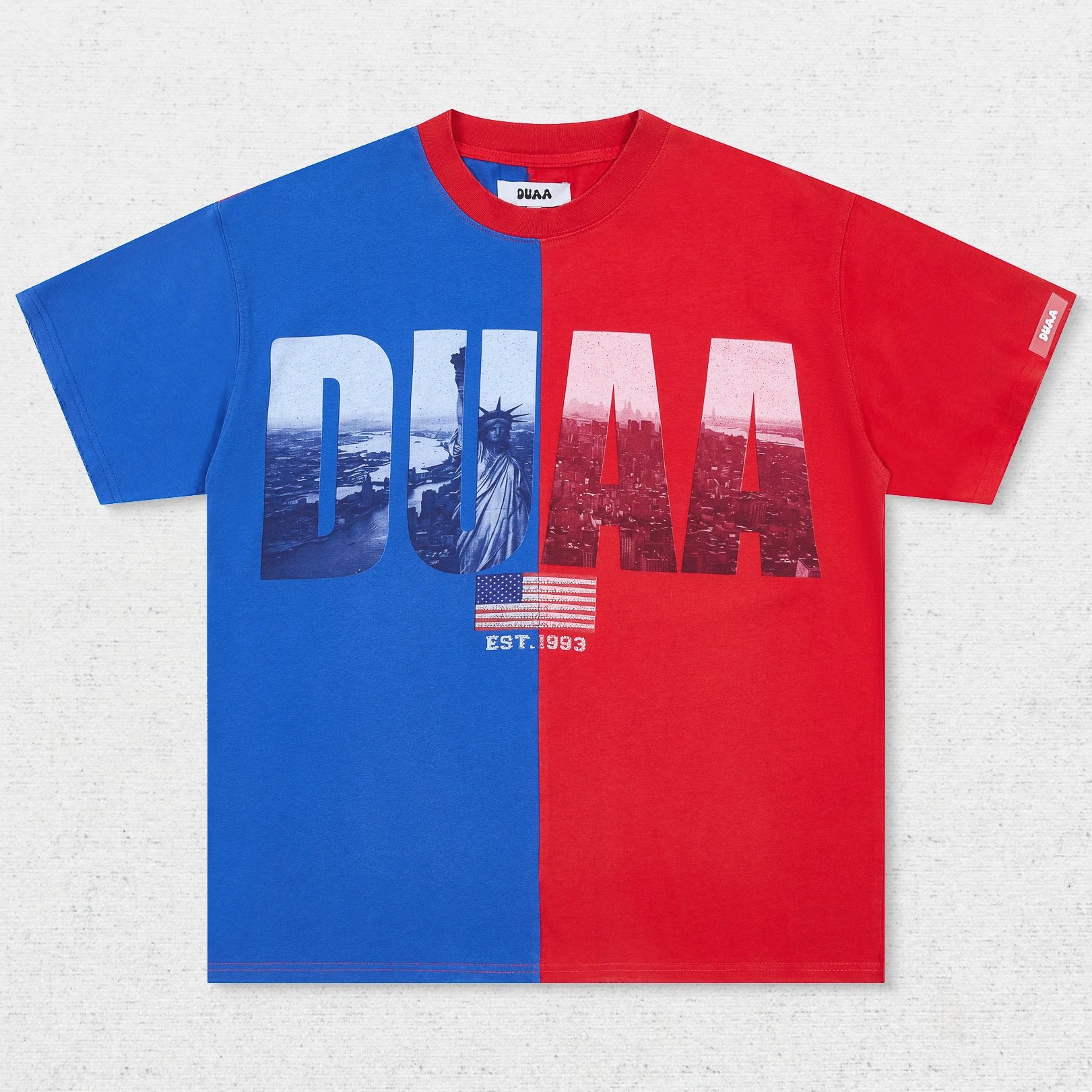 DU Red Blue Color Block City Letter Print T-Shirt