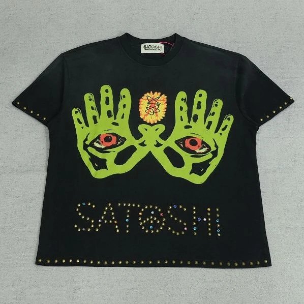 SAT Short Sleeve T-Shirt with Palm Eye Rhinestones Distressed Wash R1148