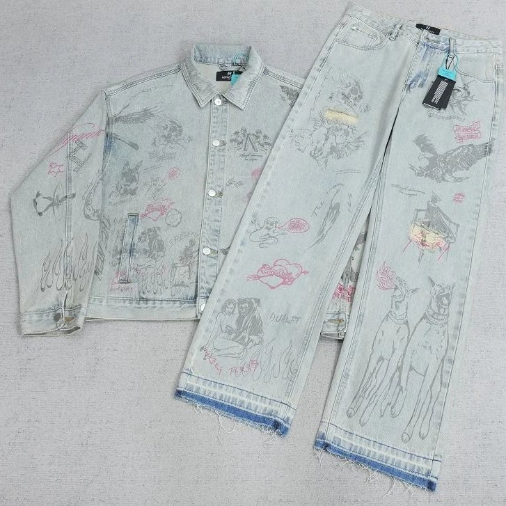 REP jacket retro graffiti sketch full print lapel denim R1163