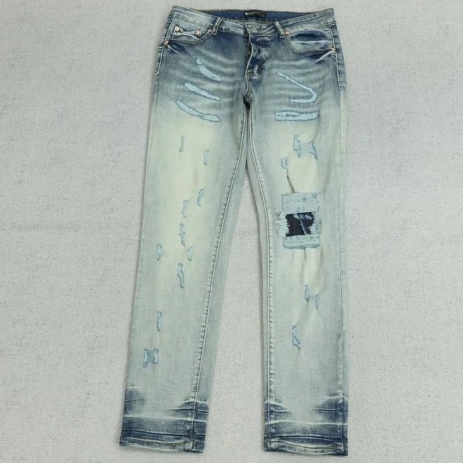 PU pants blue washed, worn and spliced micro flared denim R1187