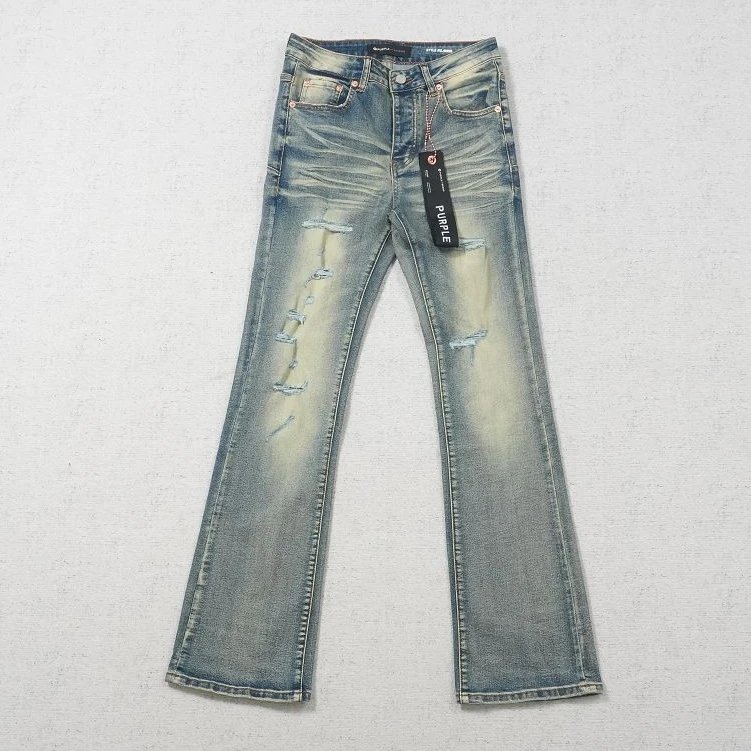 PU pants washed with water, yellow holes, blue AT