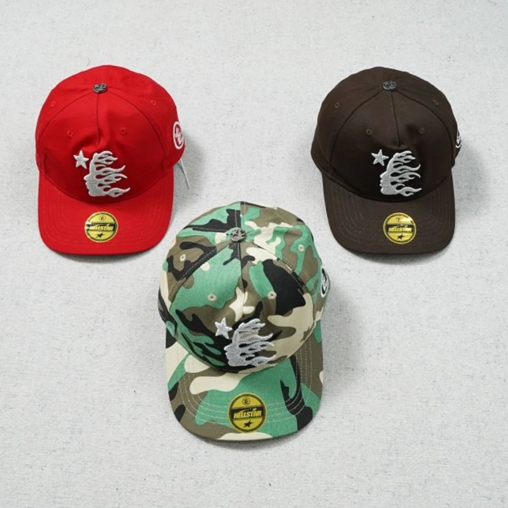 HE Hat White Logo Red Brown Camo Green
