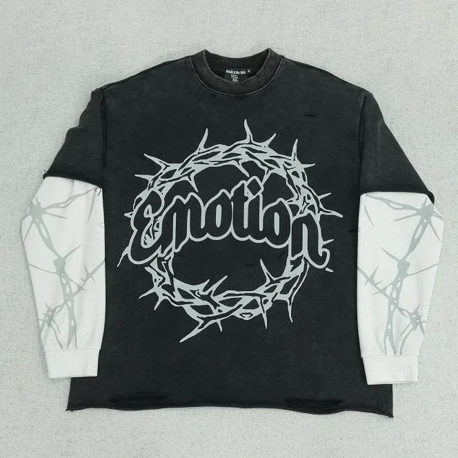 "Emotion" Thorn-Print Faux-Layered Distressed T-Shirt