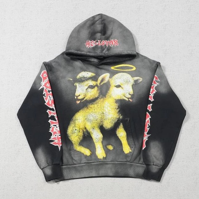 He Hoodie with Double Sheep Graphic Print, Washed