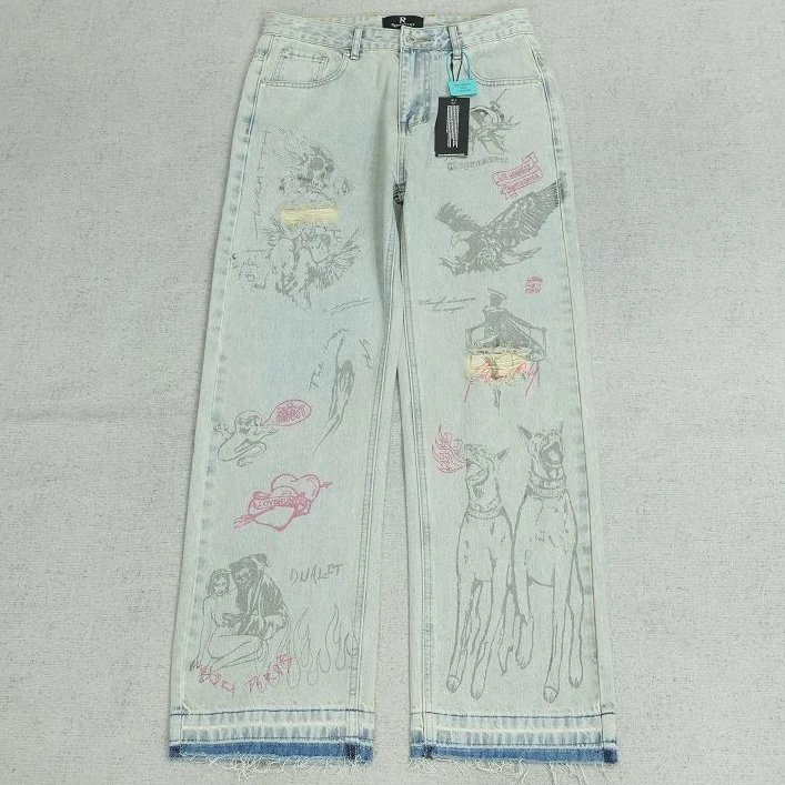 REP pants retro graffiti sketch full of holes, rough edges, wide legs denim R1164