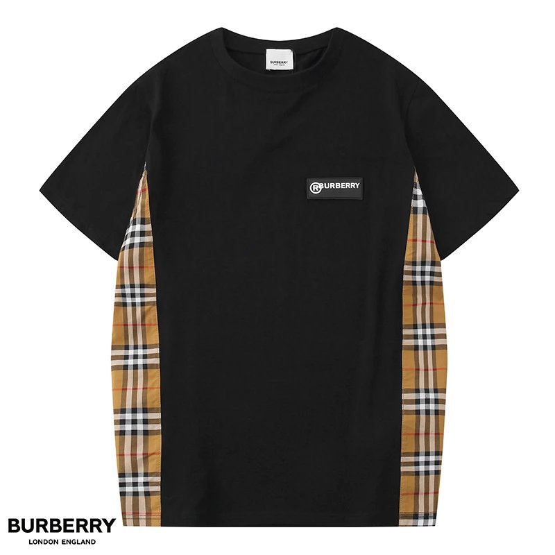 2022年BBR巴宝莉新款男女同款拼接T 橡胶LOGO侧边经典格纹拼接丝光棉男女款短袖T恤 3