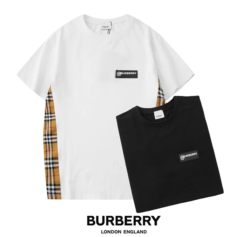 2022年BBR巴宝莉新款男女同款拼接T 橡胶LOGO侧边经典格纹拼接丝光棉男女款短袖T恤 6