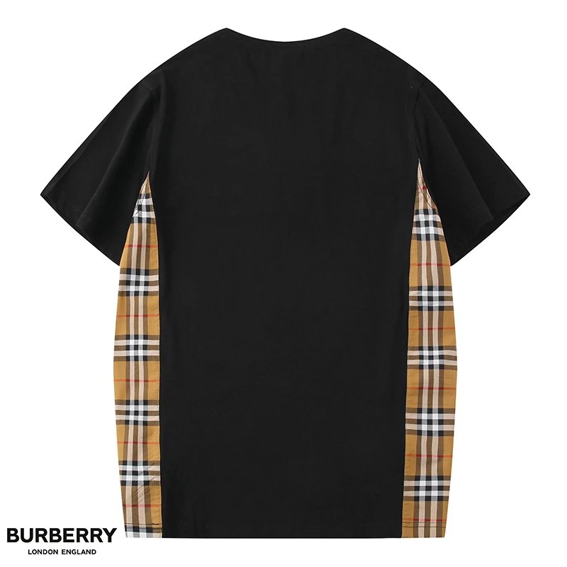 2022年BBR巴宝莉新款男女同款拼接T 橡胶LOGO侧边经典格纹拼接丝光棉男女款短袖T恤 4