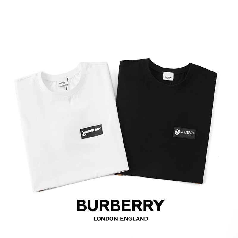 2022年BBR巴宝莉新款男女同款拼接T 橡胶LOGO侧边经典格纹拼接丝光棉男女款短袖T恤 7
