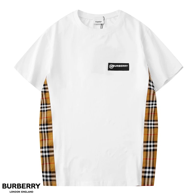 2022年BBR巴宝莉新款男女同款拼接T 橡胶LOGO侧边经典格纹拼接丝光棉男女款短袖T恤 1