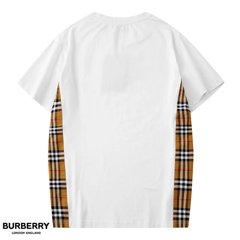 2022年BBR巴宝莉新款男女同款拼接T 橡胶LOGO侧边经典格纹拼接丝光棉男女款短袖T恤 2