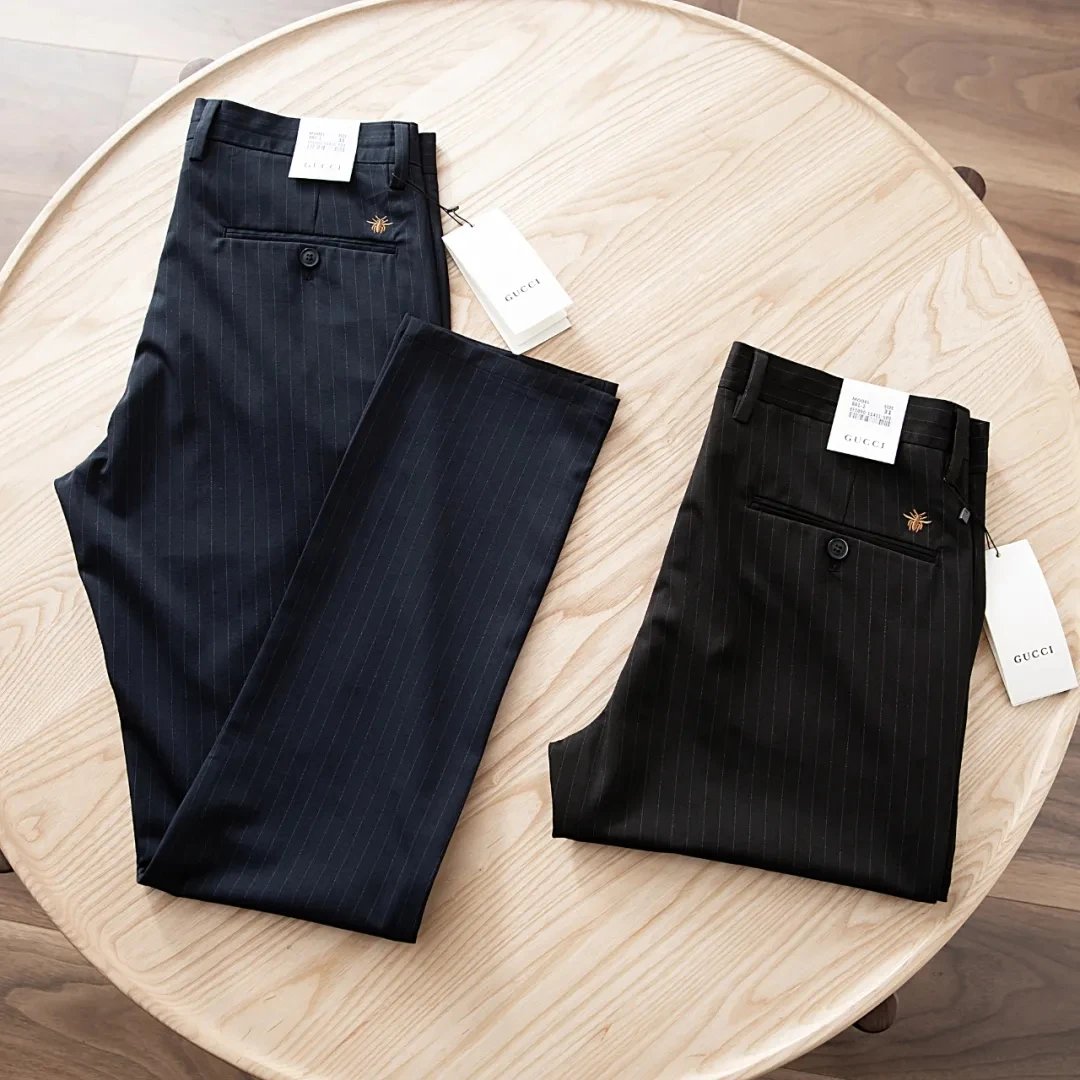 Striped Casual Dress Pants with Gold Insect Embroidery
