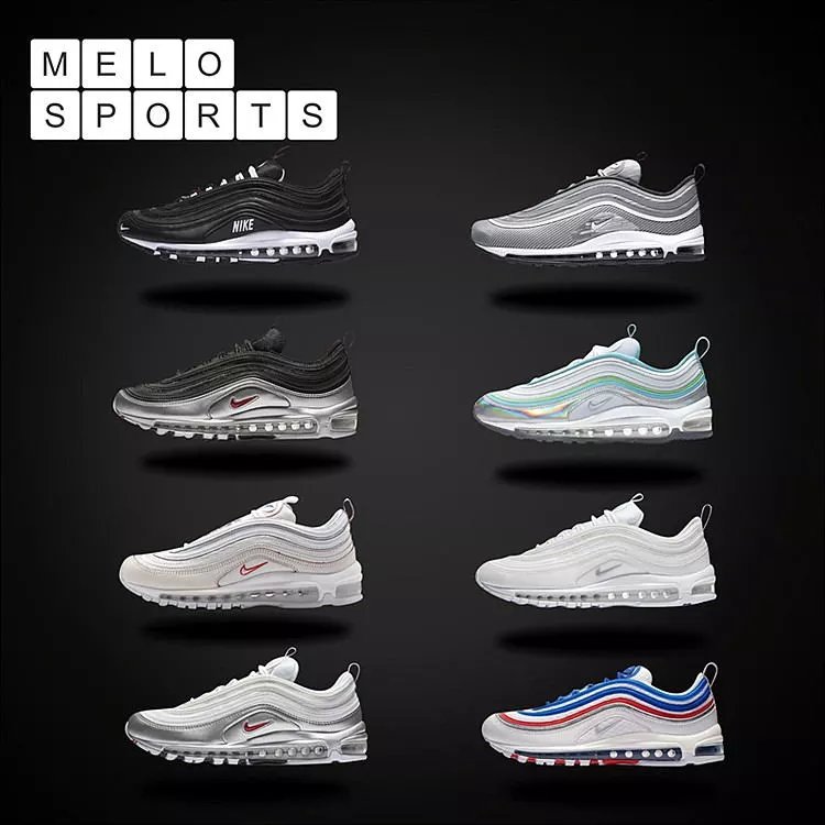 NIKE 耐克透气 Air Max 97 OG 纯白黑白银子弹白彩虹炫彩跑鞋 AT5458-100