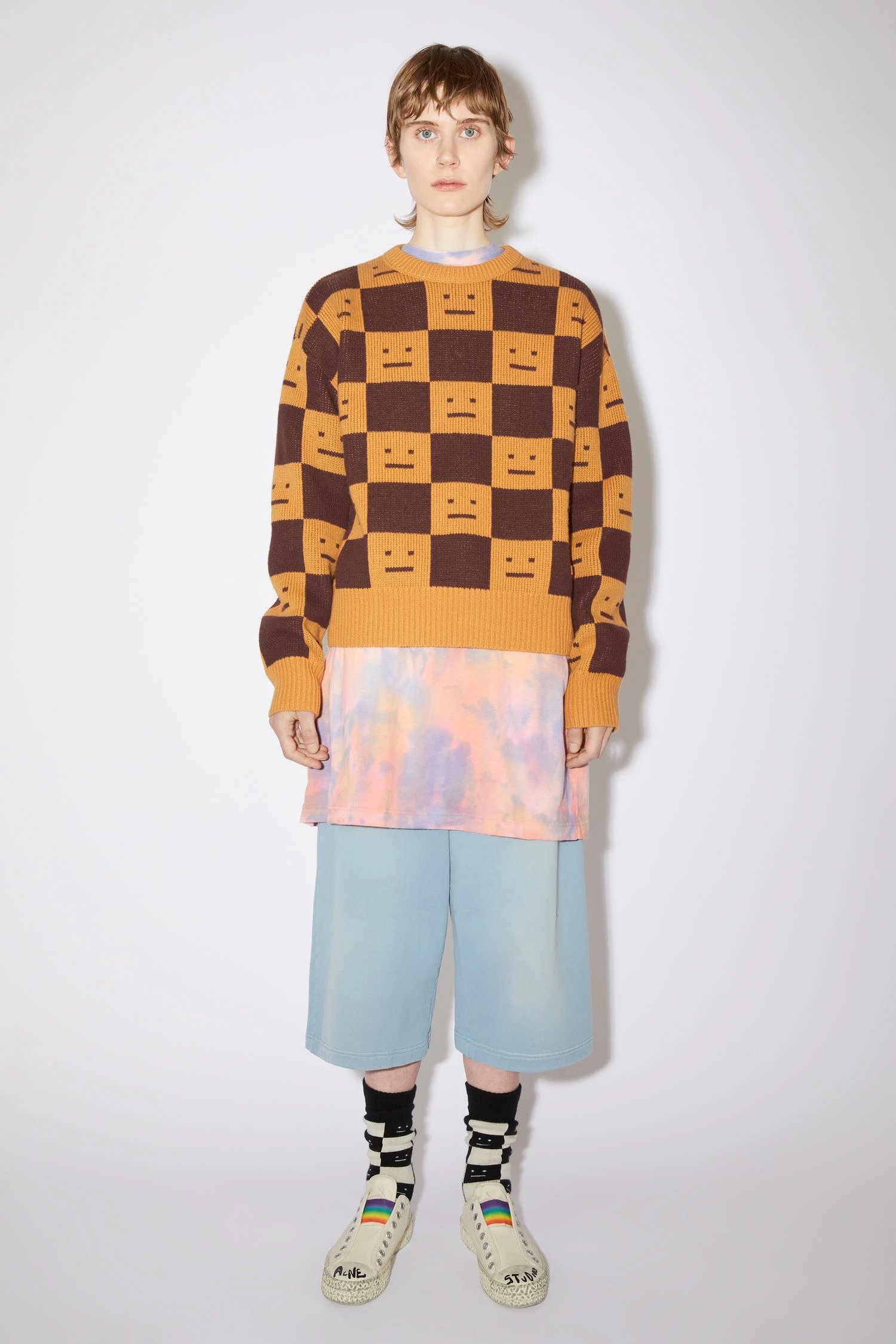 Acne Studios Checkerboard Smiley Face Sweater Orange and Brown - 19
