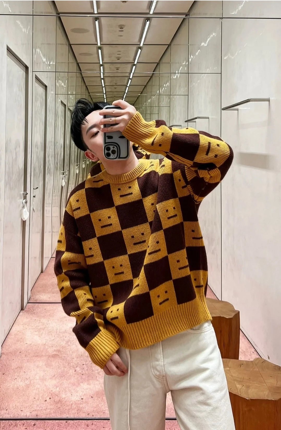 Acne Studios Checkerboard Smiley Face Sweater Orange and Brown - 27
