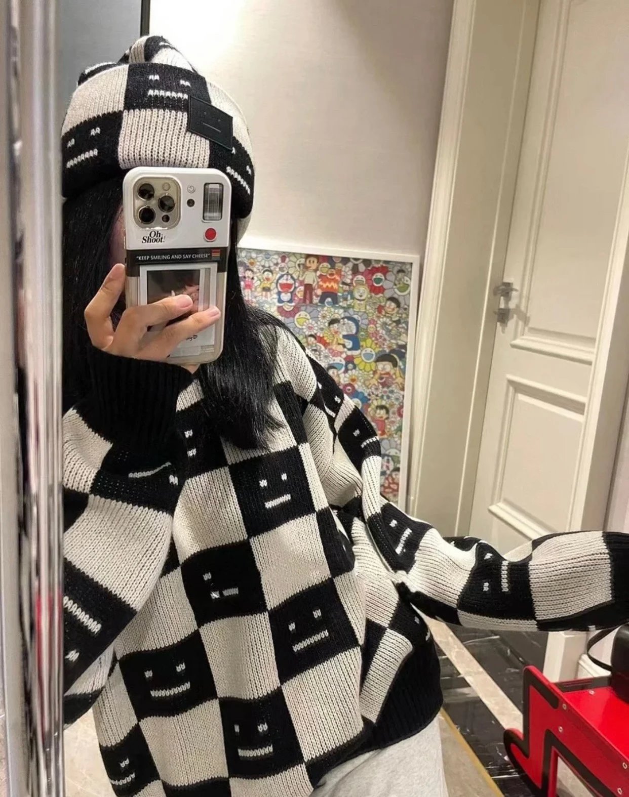 Acne Studios Checkerboard Smiley Face Sweater Orange and Brown - 21