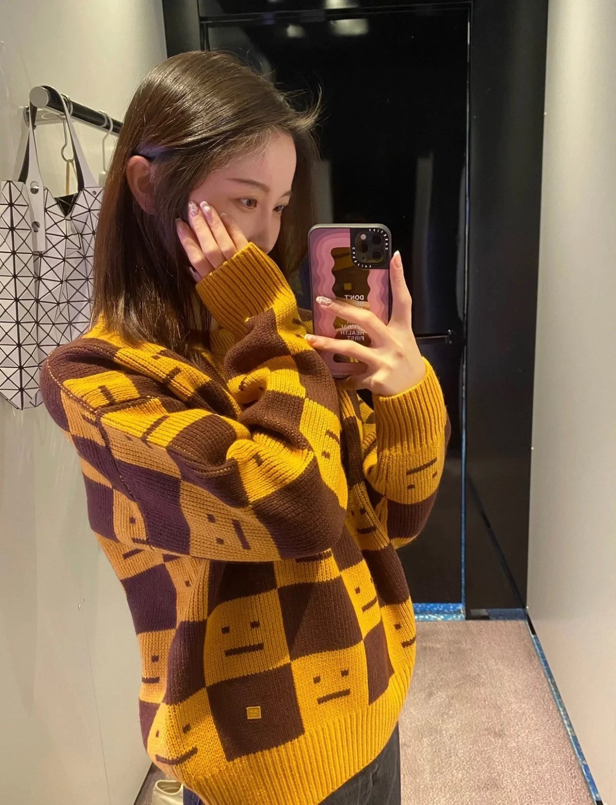 Acne Studios Checkerboard Smiley Face Sweater Orange and Brown - 28