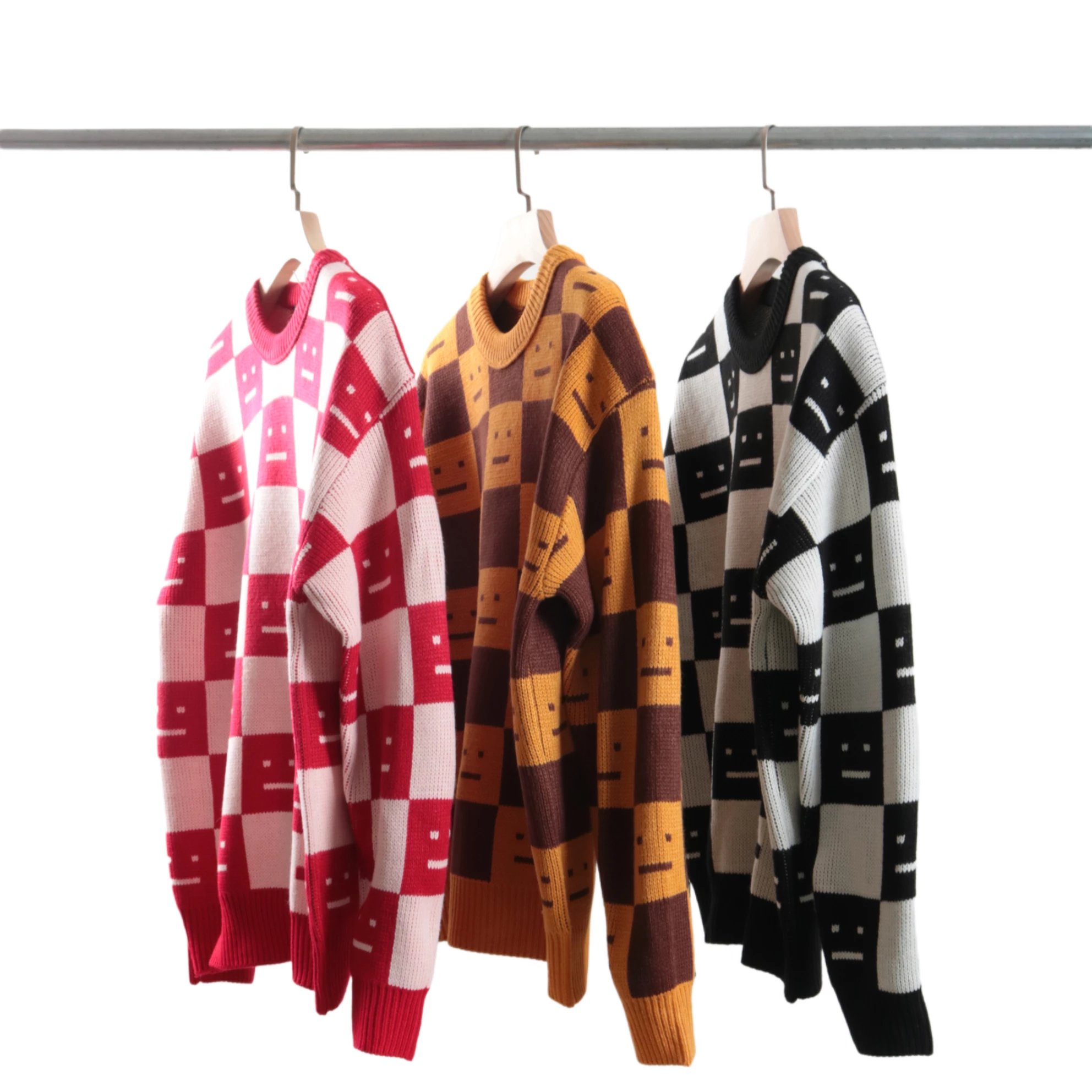 Acne Studios Checkerboard Smiley Face Sweater Orange and Brown - 2