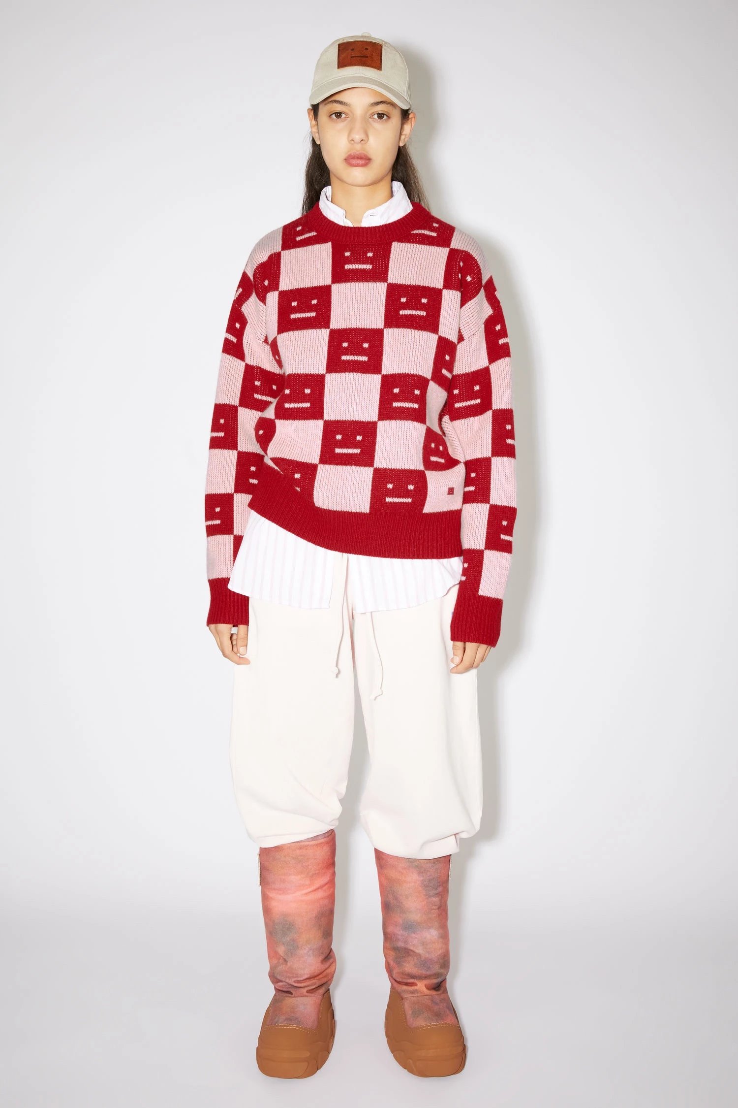 Acne Studios Checkerboard Smiley Face Sweater Orange and Brown - 17