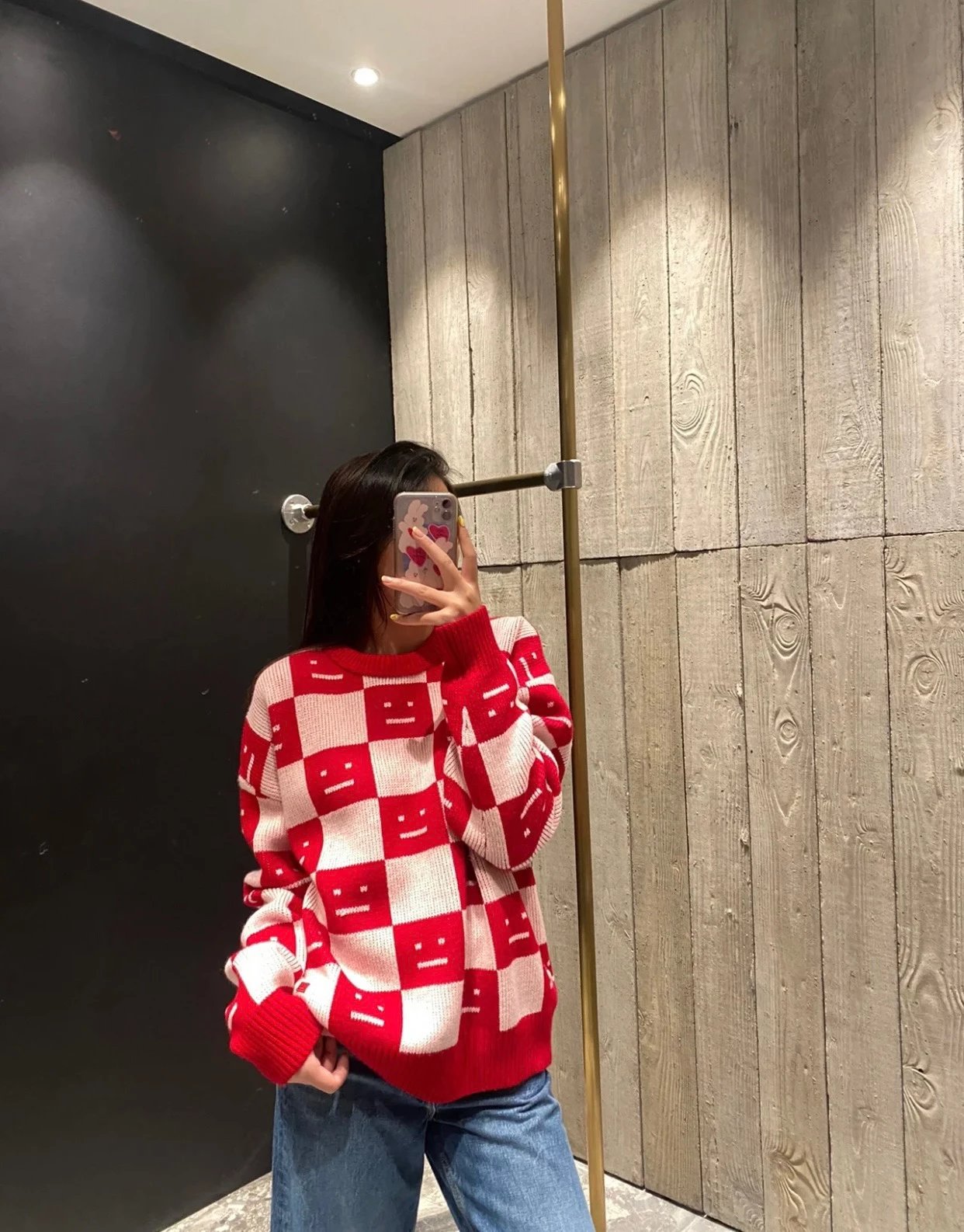 Acne Studios Checkerboard Smiley Face Sweater Orange and Brown - 26