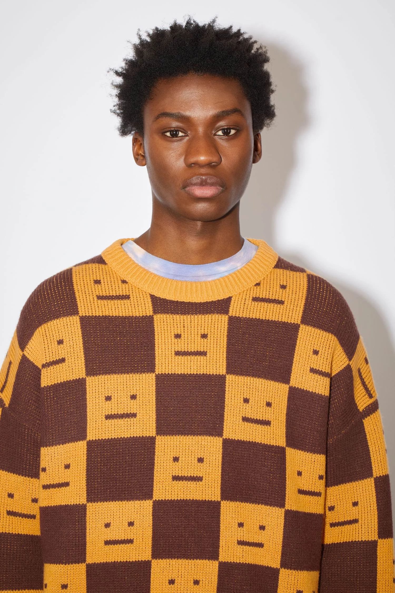 Acne Studios Checkerboard Smiley Face Sweater Orange and Brown - 14