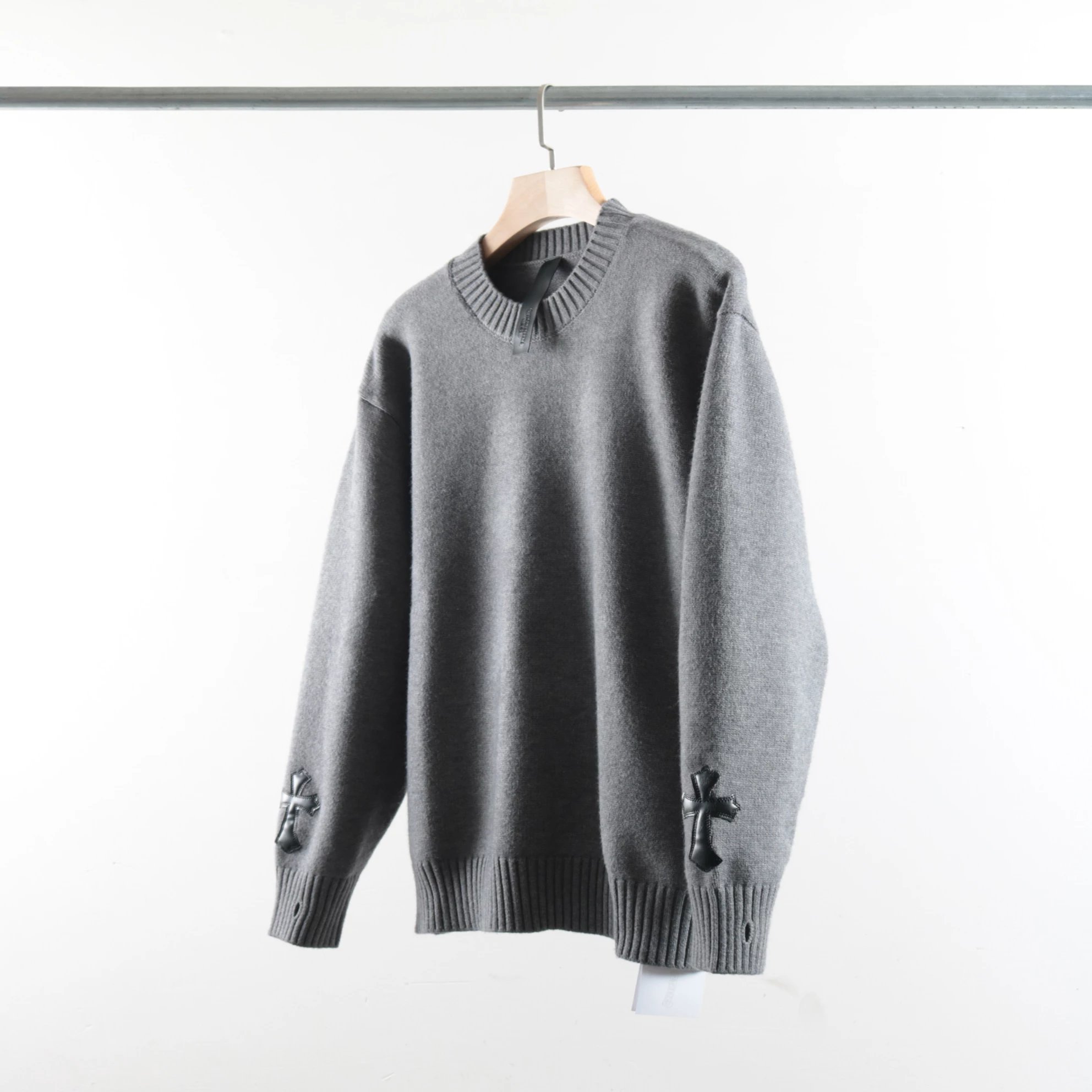 Chrome Hearts Cuff Cross Leather Label Embroidered 3D Jacquard Pattern Pullover Knit Sweater