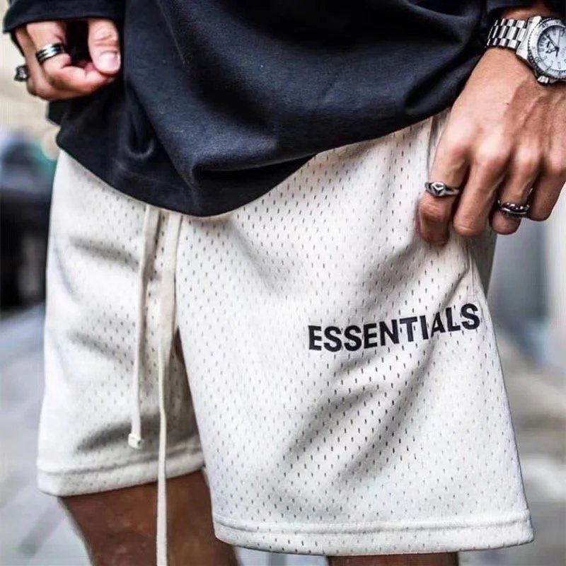 Item Thumbnail for fear of god FOG 19ss essentials logo mesh shorts ess letter printing basic style Meichao high street mesh breathable quick-drying drawstring black gray beige shorts five-point pants big pants gg