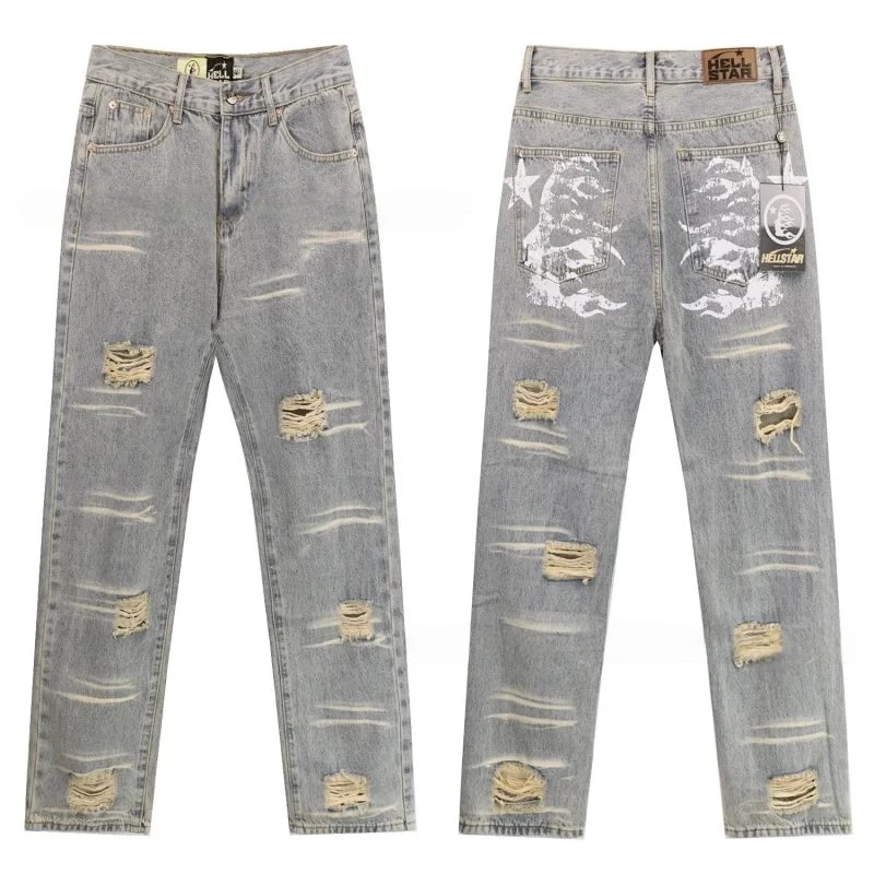 Logo Print Washed Blue Loose Jeans photo 5