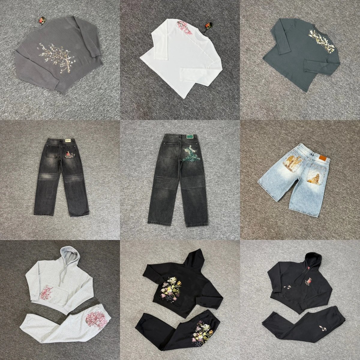 Sakura Embroidered Denim Hoodie Sweatpants Set