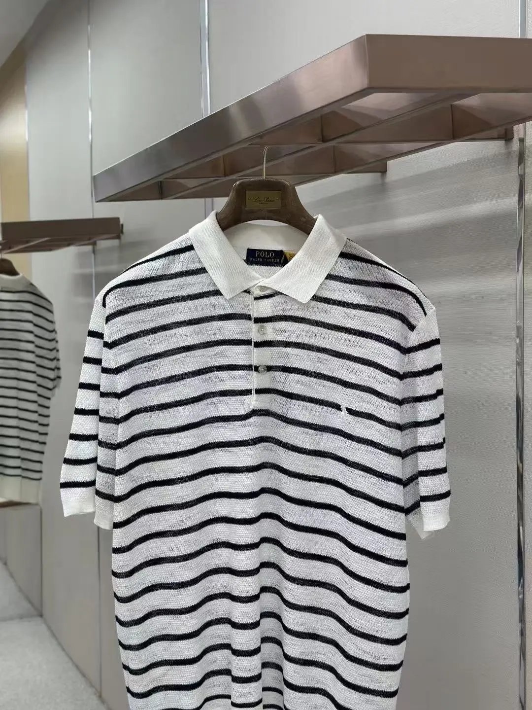 Linen Striped Knit Polo Shirt photo 3