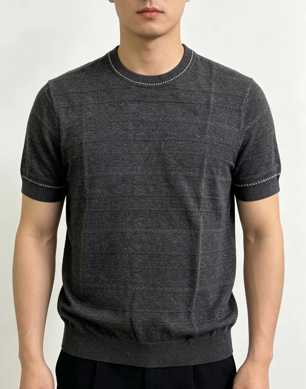 Rib Knit Wave Texture Linen T-Shirt