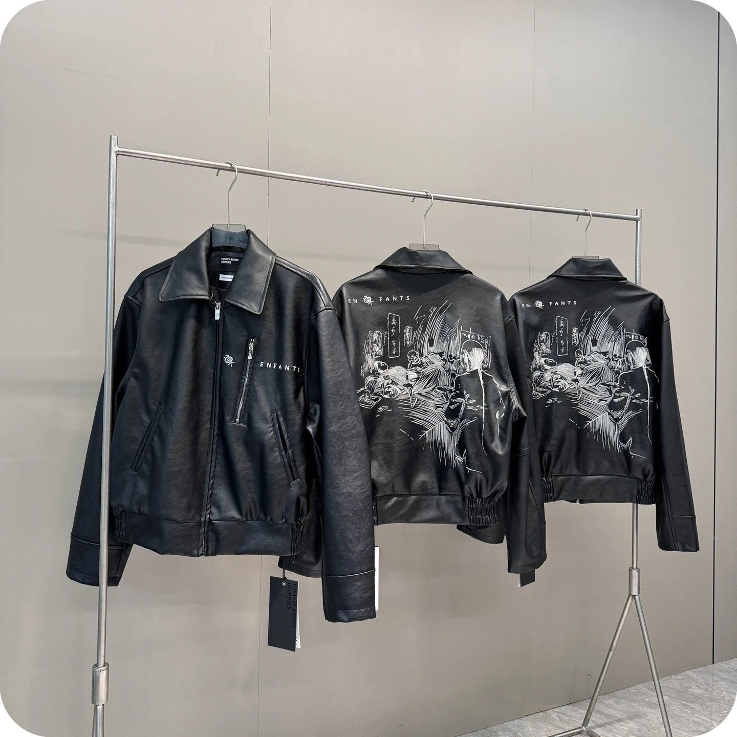 En Fants Graphic Print Leather Jacket Black