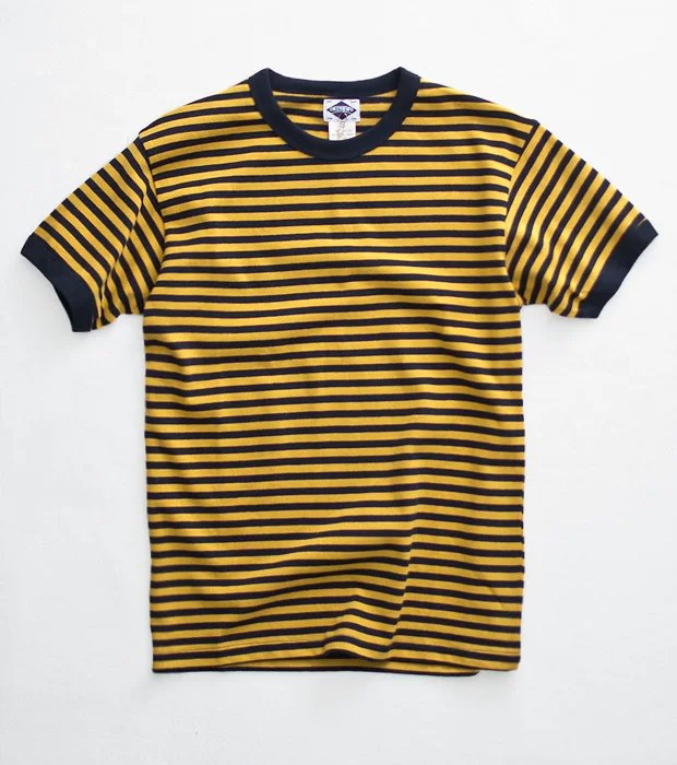 Heavy weight 280g American retro T-shirt khaki pure cotton round neck sailor shirt blue and white striped short sleeved sea soul shirt for men