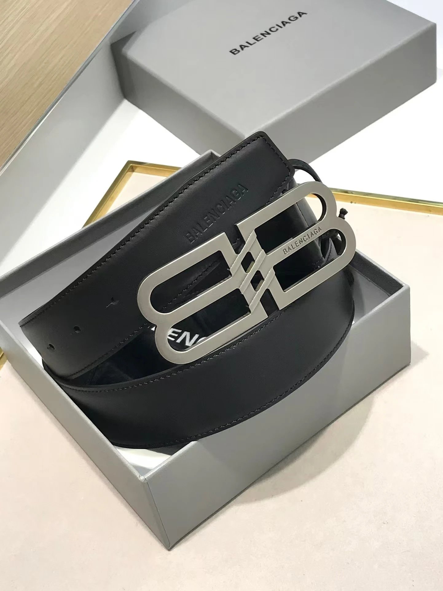 Balenciaga Black Leather Belt with Silver Buckle