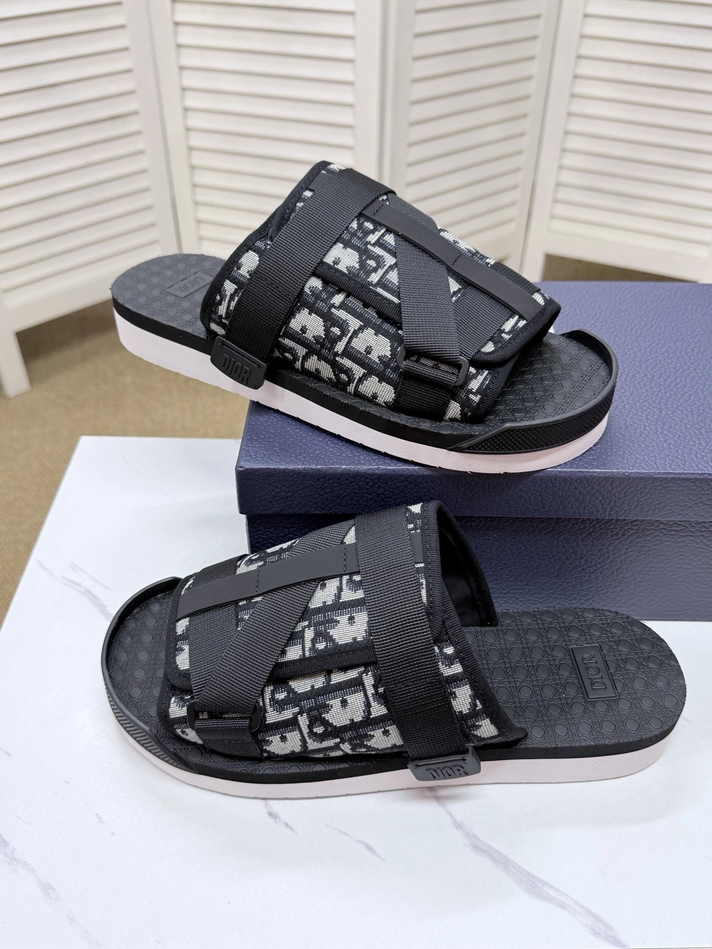Dior Black and White Strappy Slides