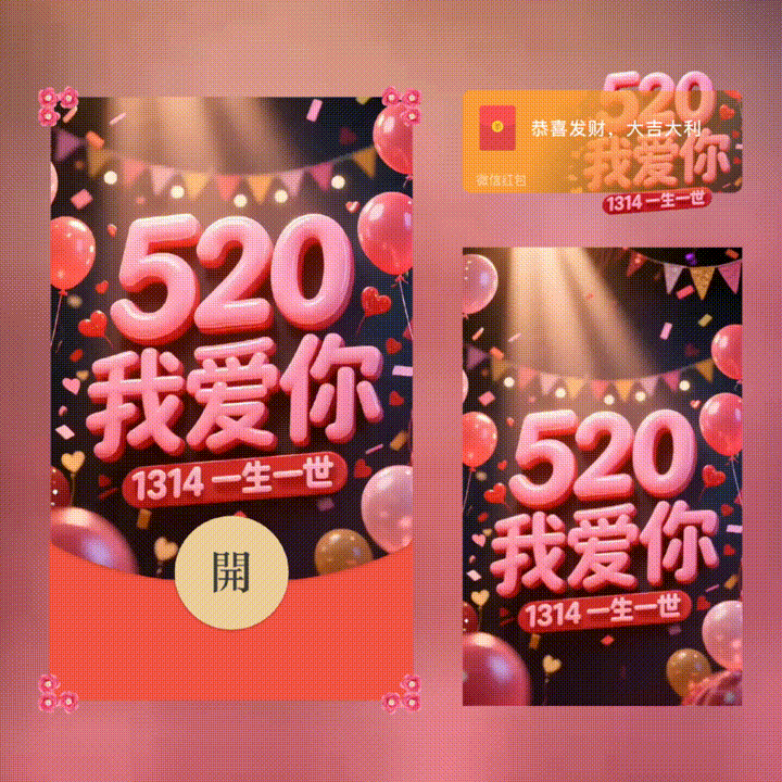 【卡密兑换】微信红包封面『520我爱你1314/xn』官方卡密丨端内兑换丨24小时自助提卡！