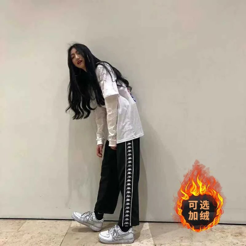 潮牌卡帕女款运动长裤串标秋冬加绒加厚Kappa休闲裤阔腿校服卫裤