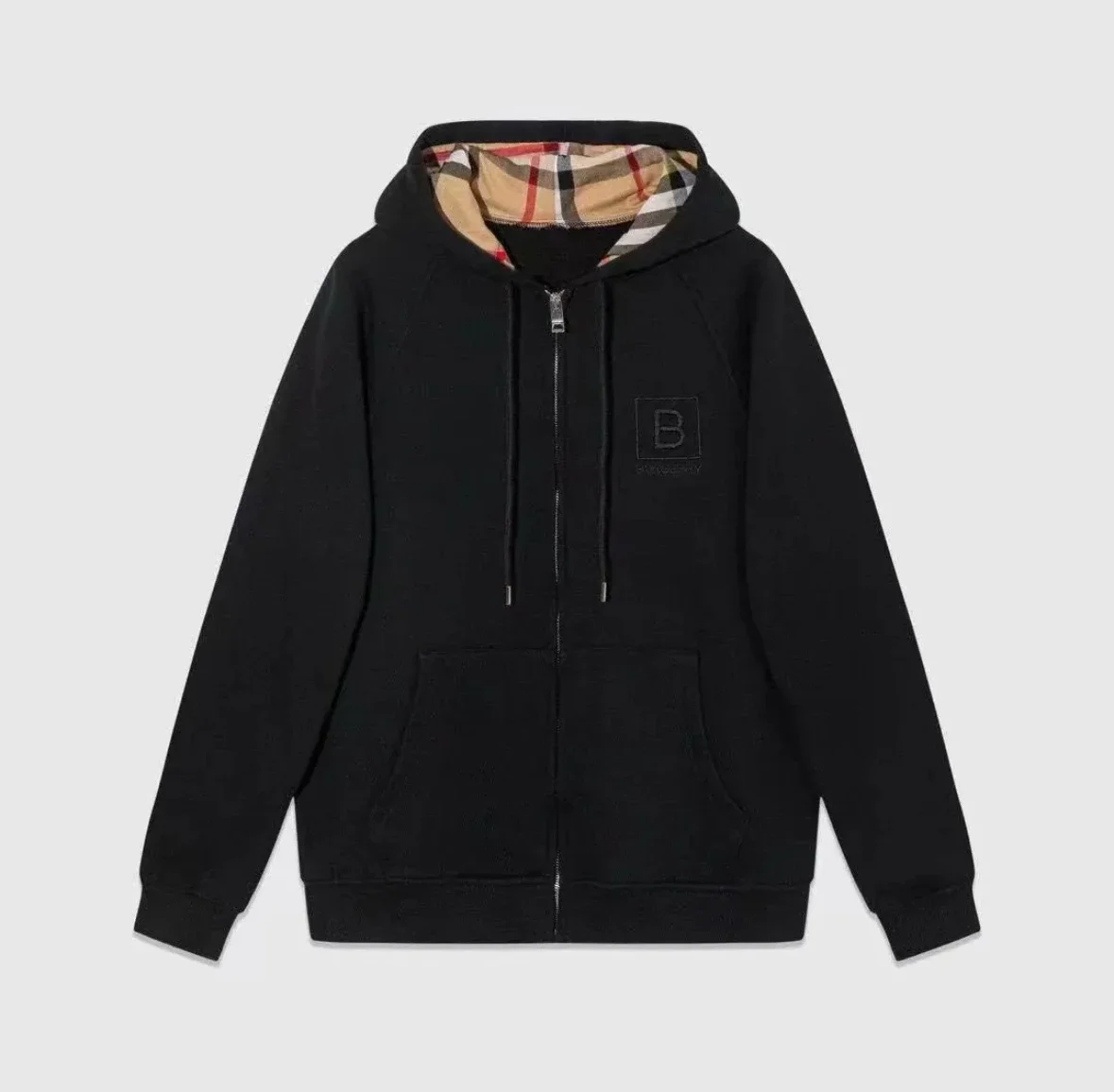 Burberry Black B Logo Check Lined Zip Hoodie