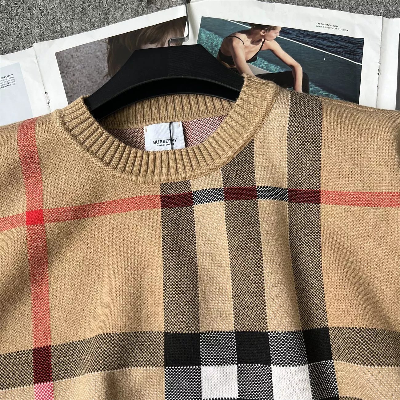 Beige Burberry Check Knit Sweater