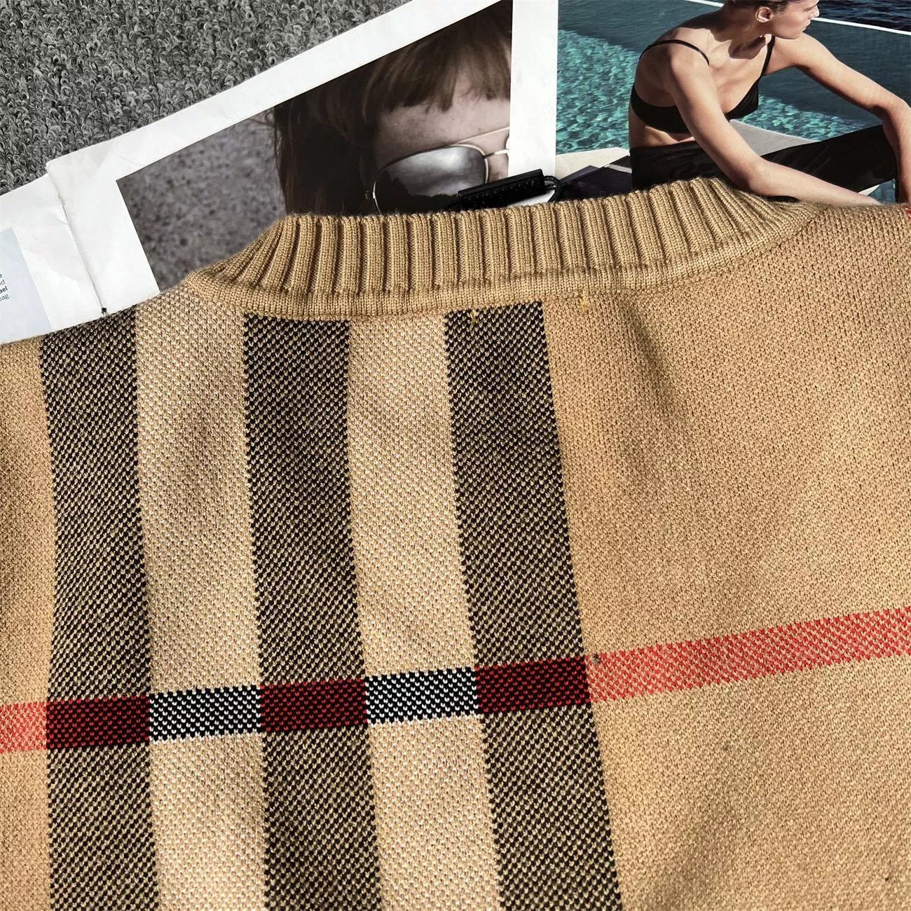 Beige Burberry Check Knit Sweater