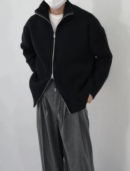 Maison Margiela Style 23SS Grey Stand-Collar Zip Wool Knit Cardigan Coat p199yuan