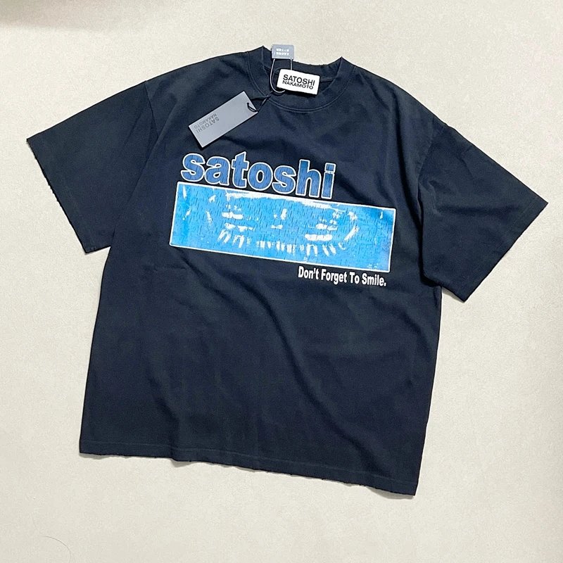 Satoshi NAKAMOTO 喷洗做旧褪色T恤 颜色：水洗黑 码数：S M L XL  S3304