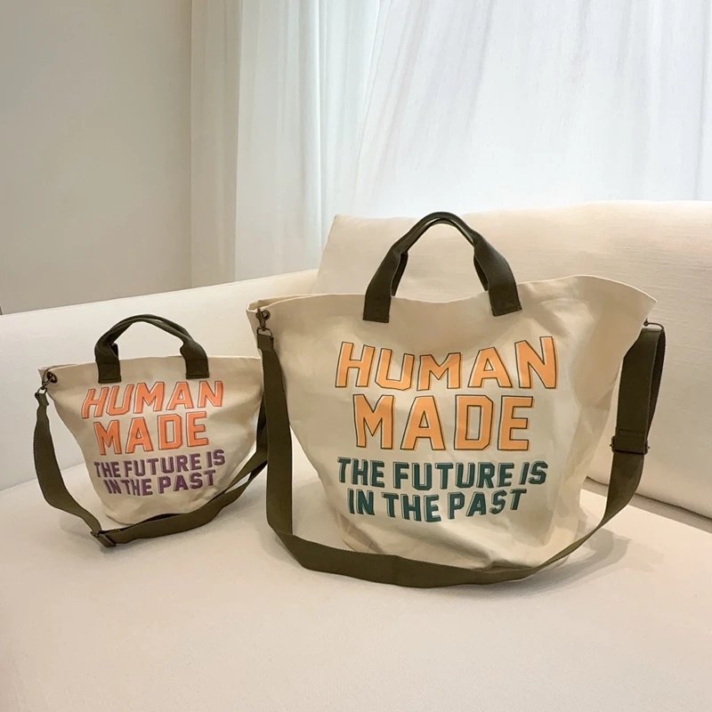 HUMAN MADE 字母做旧帆布托特袋 浅卡其 大号：42.5cm*56cm*35.5cm 小号：29.5*36cm*24cm  HM0053