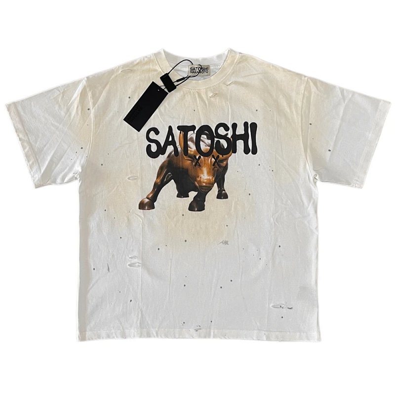 Satoshi Nakamoto 铜牛喷脏泼墨T恤  颜色：米白 码数：S M L XL  S3324