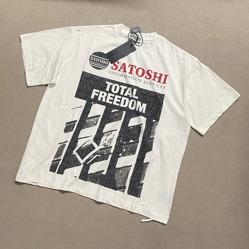 Satoshi Nakamoto「Total Freedom」破坏做旧T恤 颜色：巴黎杏 码数：S M L XL  S3309