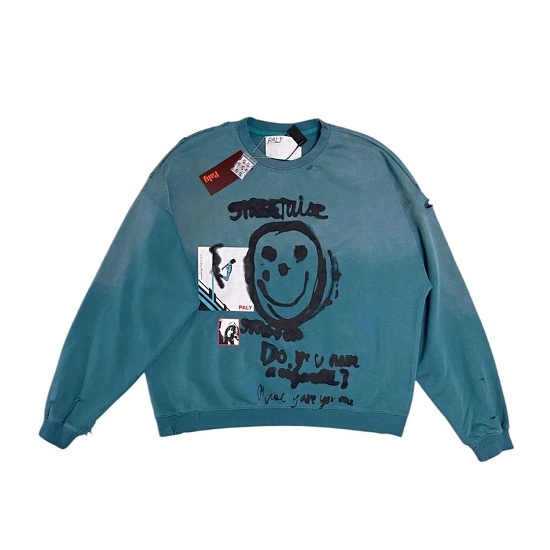 paly hollywood StreetwiseAirbrush Crewneck 破洞卫衣  颜色：蓝绿色 码数：S M L XL  H5117