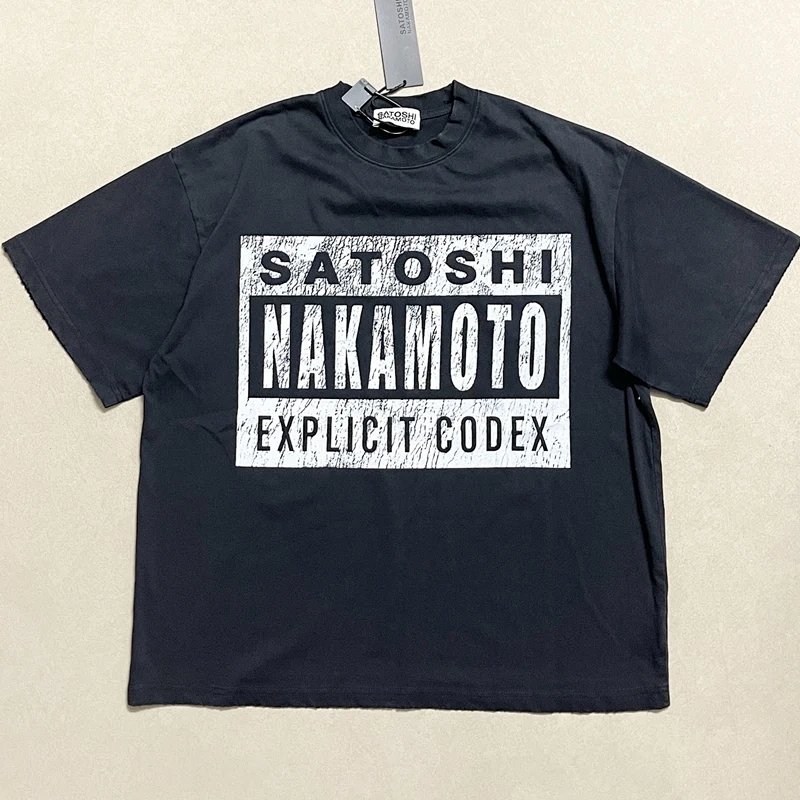 SATOSHI NAKAMOTO 裂纹复古印花T恤  颜色：水洗黑 码数：S M L XL  S3308