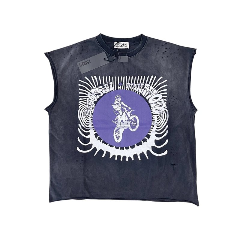 Satoshi Nakamoto Moto Rider Sleeveless Tee 越野摩托骑手做旧破坏无袖背心 颜色：水洗黑 码数：S M L XL  S3323