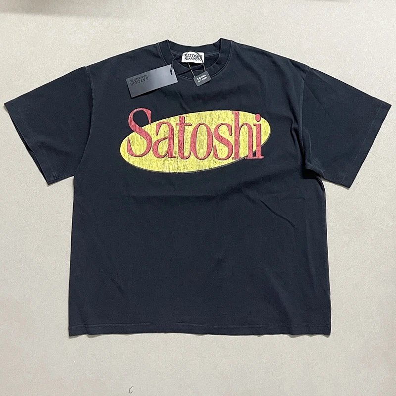 Satoshi NAKAMOTO 做裂纹复古胶印T恤 颜色：水洗黑 码数：S M L XL  S3311
