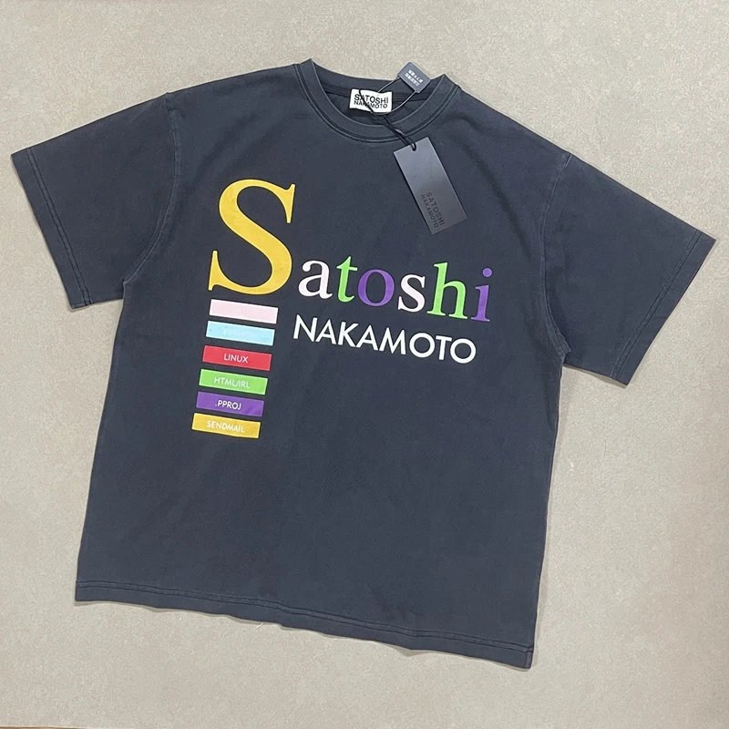 Satoshi Nakamoto 复古水洗做短袖T恤  颜色：水洗黑 码数：S M L XL  S3312